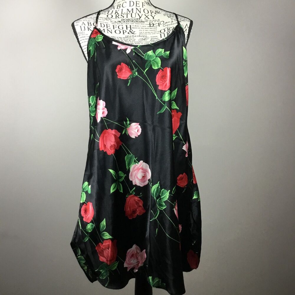 Black satin red roses camisole adjustable spaghetti straps witchy dark fairy 1XL